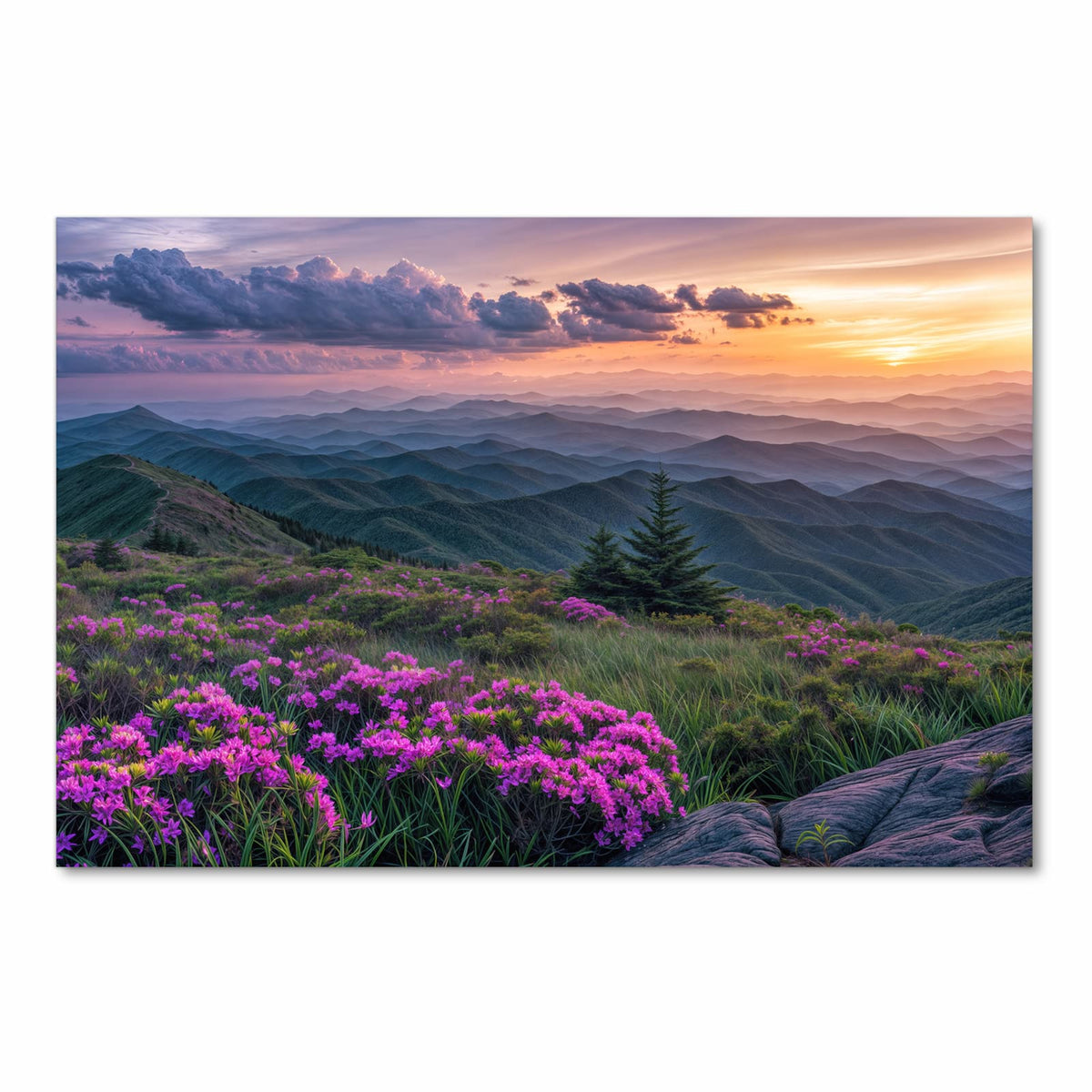 Fleckenresistenter Küchenläufer mit Motiv Berglandschaft Blumen in Frontansicht