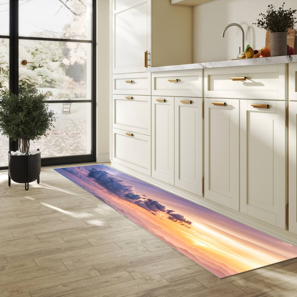 Küchenteppich mit Motiv Berglandschaft Blumen in heller Küche für sichere Aufbewahrung