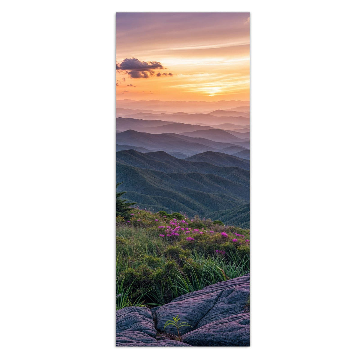 Wandbild - Blüten vor Bergketten - Hochformat – Blühende Hänge vor Bergketten