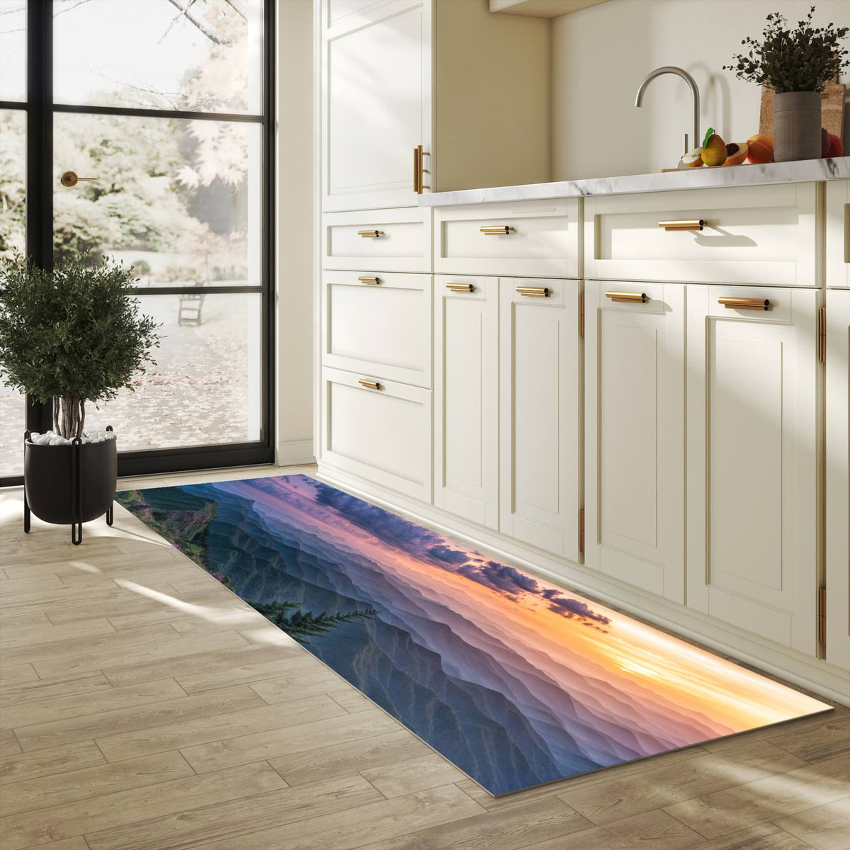 UV-beständiger rutschfester Küchenläufer mit Motiv Berglandschaft Blumen in heller Küche