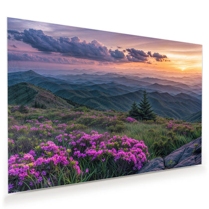 Wandbild mit dem Motiv Blüten vor Bergketten