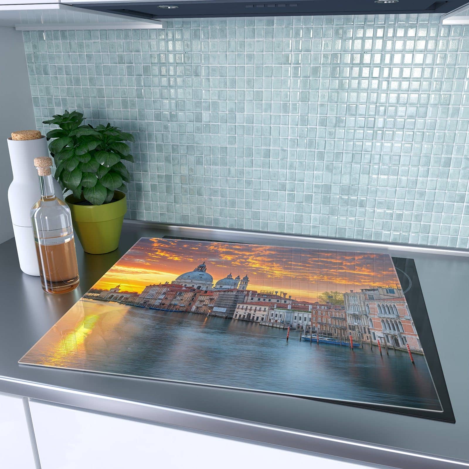 1-teilige Herd Schutzplatte mit Venedig bei Sonnenuntergang-Motiv auf dem Ceranfeld