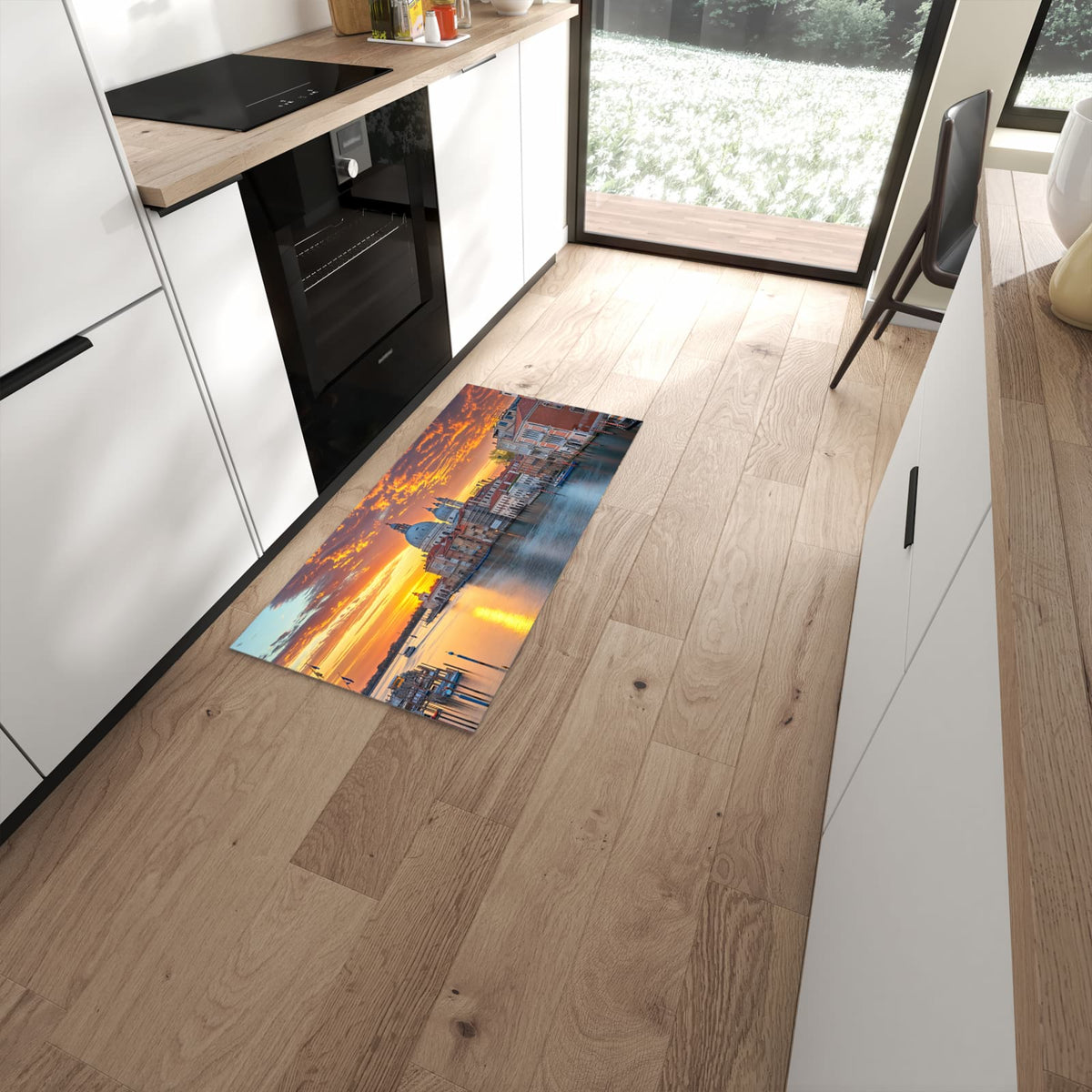 Waschbarer Küchenteppich mit Motiv Venedig bei Sonnenuntergang in moderner Küche #grösse_60 x 120 cm