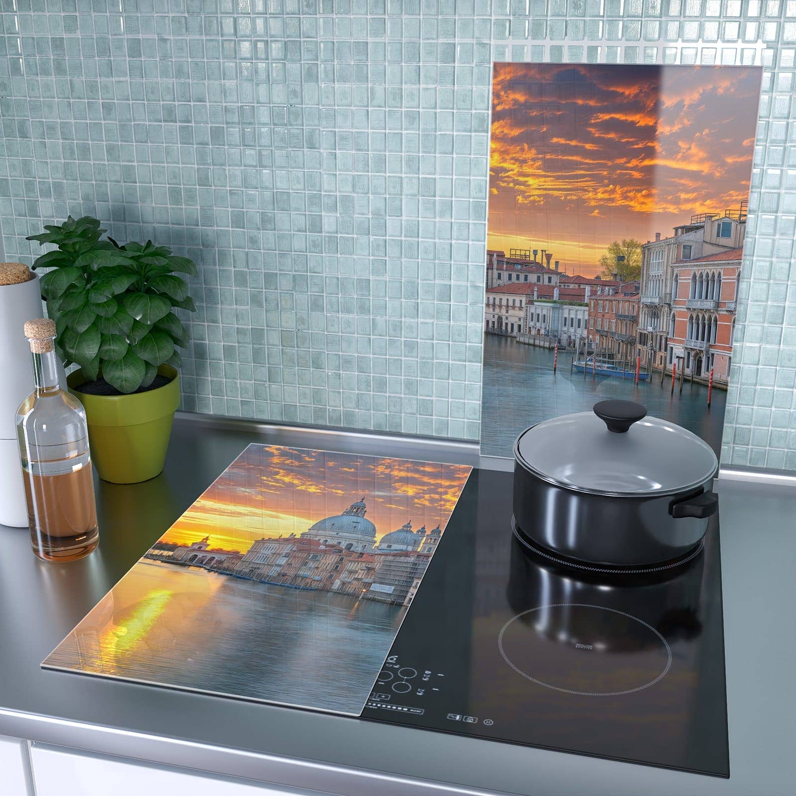 2-teilige Abdeckplatten für den Herd mit Venedig bei Sonnenuntergang-Motiv als Spritzschutz hinter dem Kochfeld