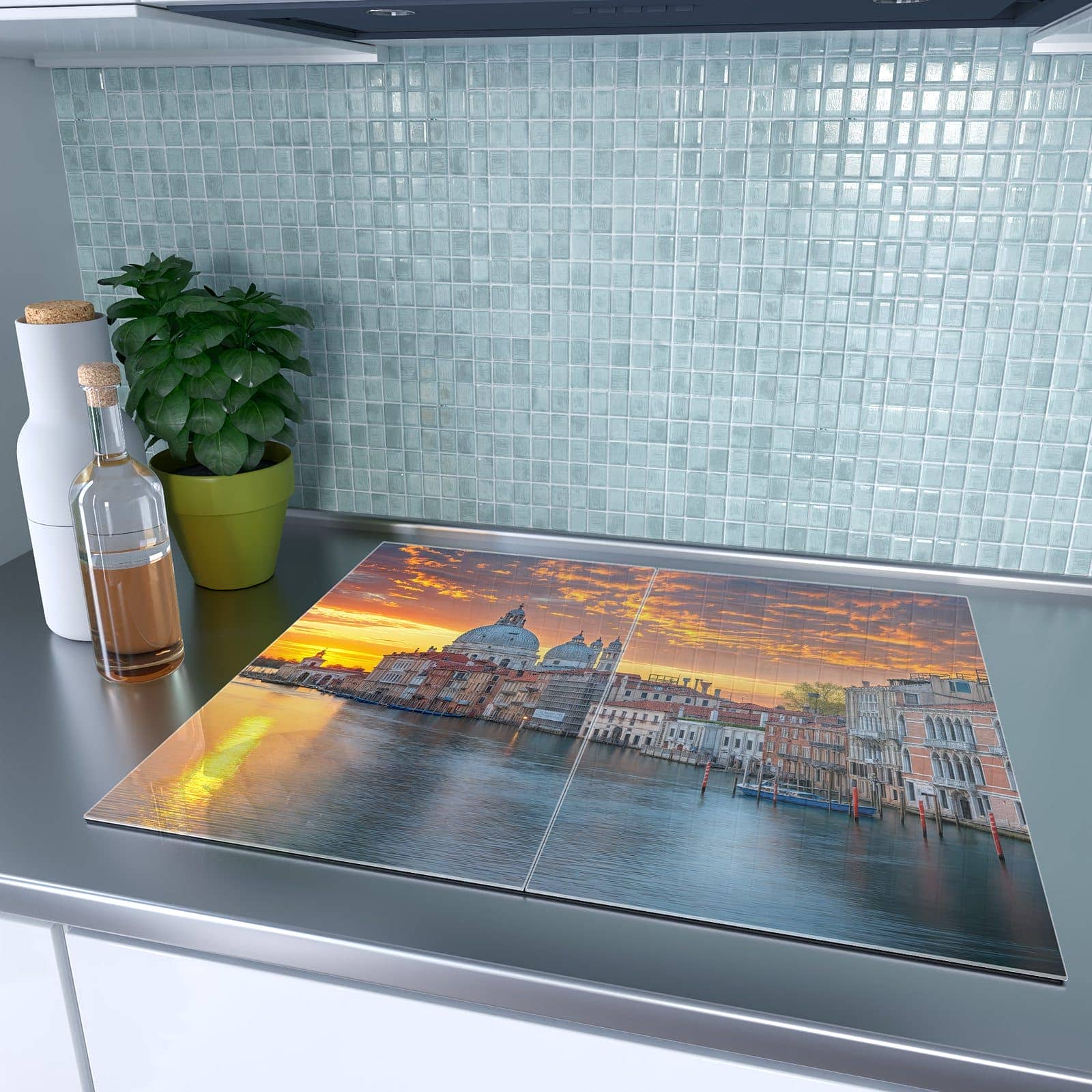 2-teilige Ceranfeld Abdeckplatten mit Venedig bei Sonnenuntergang-Motiv auf dem Ceranfeld