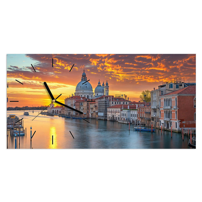 Wanduhr Venedig bei Sonnenuntergang aus Glas – Querformat 60 × 30 cm mit Ziffernblatt Linie