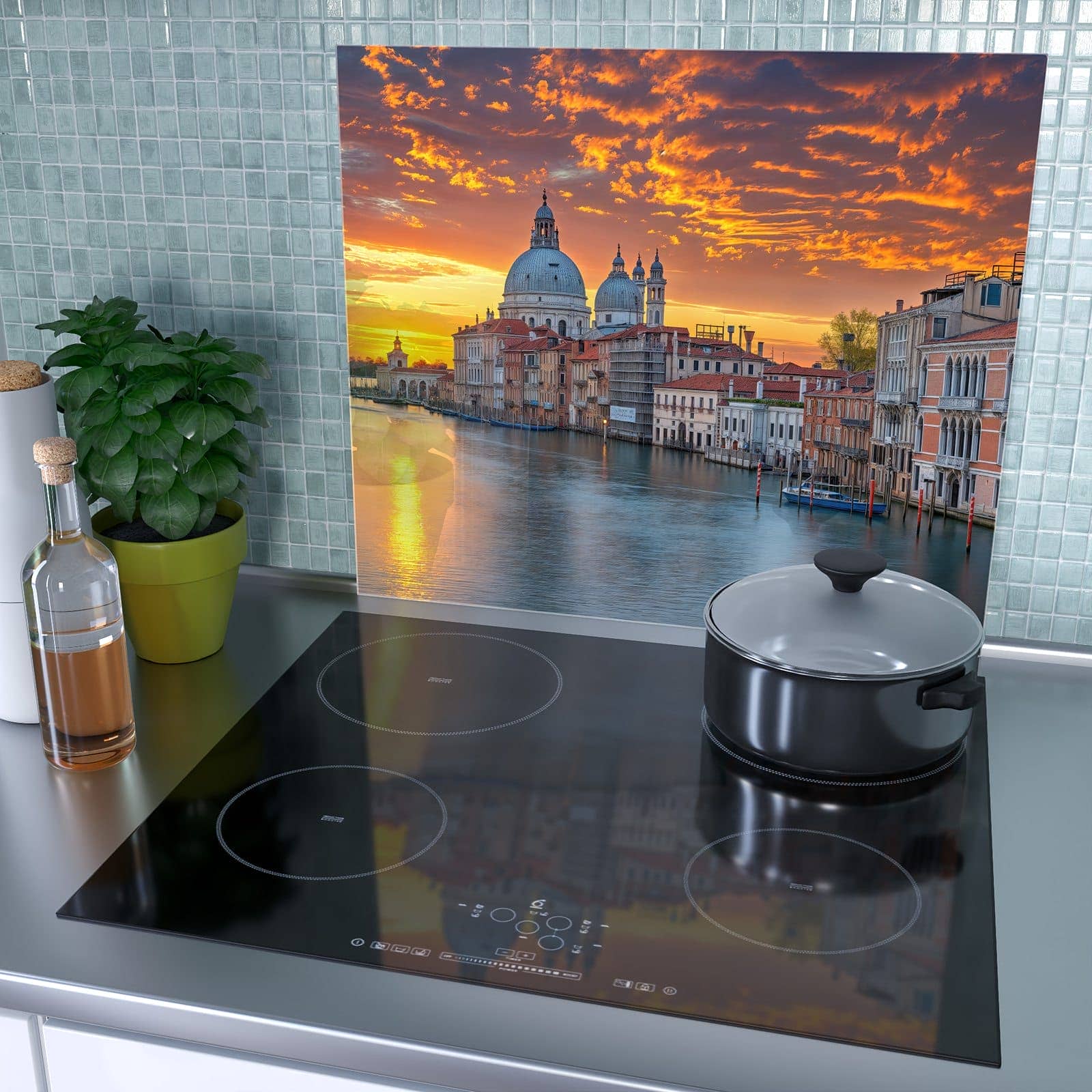 1-teilige Herdabdeckplatte mit Venedig bei Sonnenuntergang-Motiv als Spritzschutz hinter dem Kochfeld