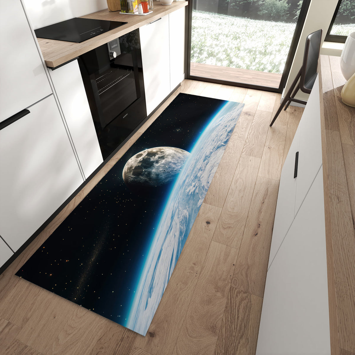 Langlebiger Küchenteppich mit Motiv Mondüberblick in moderner Küche