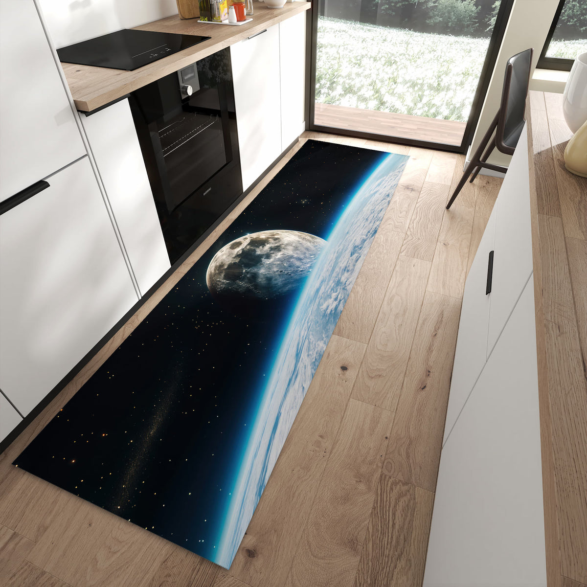 Flacher Küchenteppich mit Motiv Mondüberblick in moderner Küche - waschbar