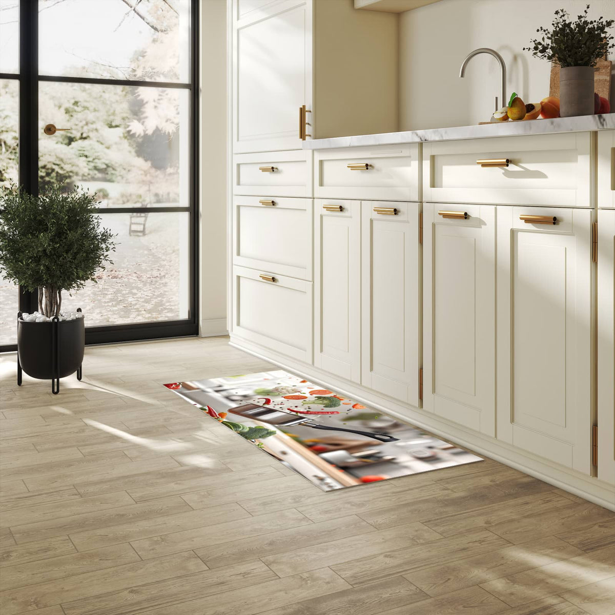 Komfortabler moderner Küchenläufer mit Motiv Kochen Mit Gemüse in heller Küche