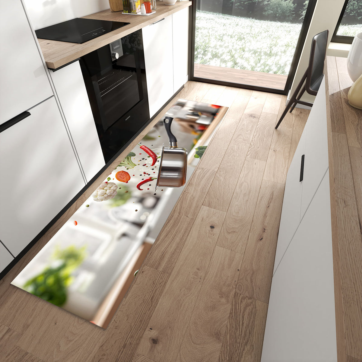 Langlebiger Küchenläufer mit Motiv Kochen Mit Gemüse in moderner Küche