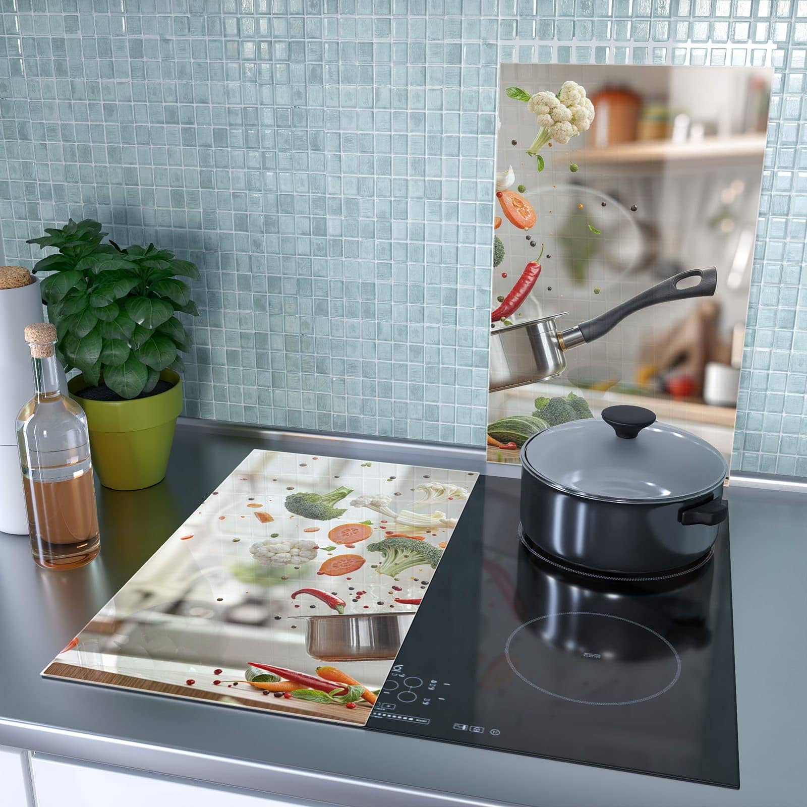 2-teilige Ceranfeldabdeckungen mit Kochen Mit Gemüse-Motiv als Spritzschutz hinter dem Kochfeld