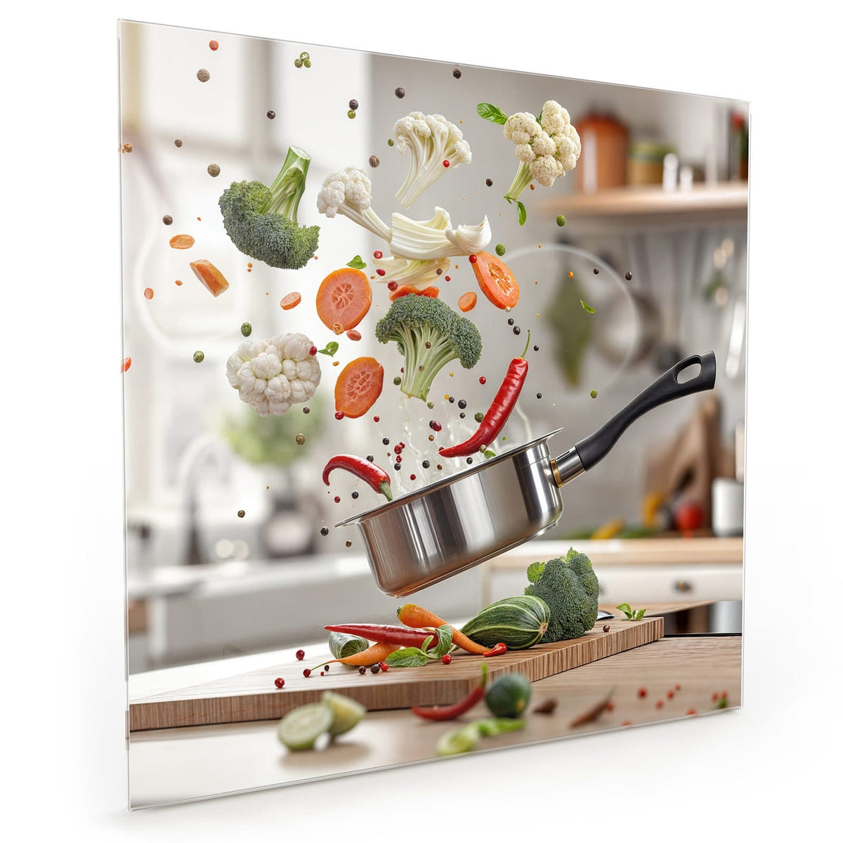 Küchenrückwand aus Glas im quadratischen Format mit Motiv Kochen mit Gemüse: Brokkoli, Karotten, Blumenkohl und Chili schweben über einem Topf in heller Küche #grösse_40 x 40 cm #grösse_50 x 50 cm #grösse_60 x 60 cm