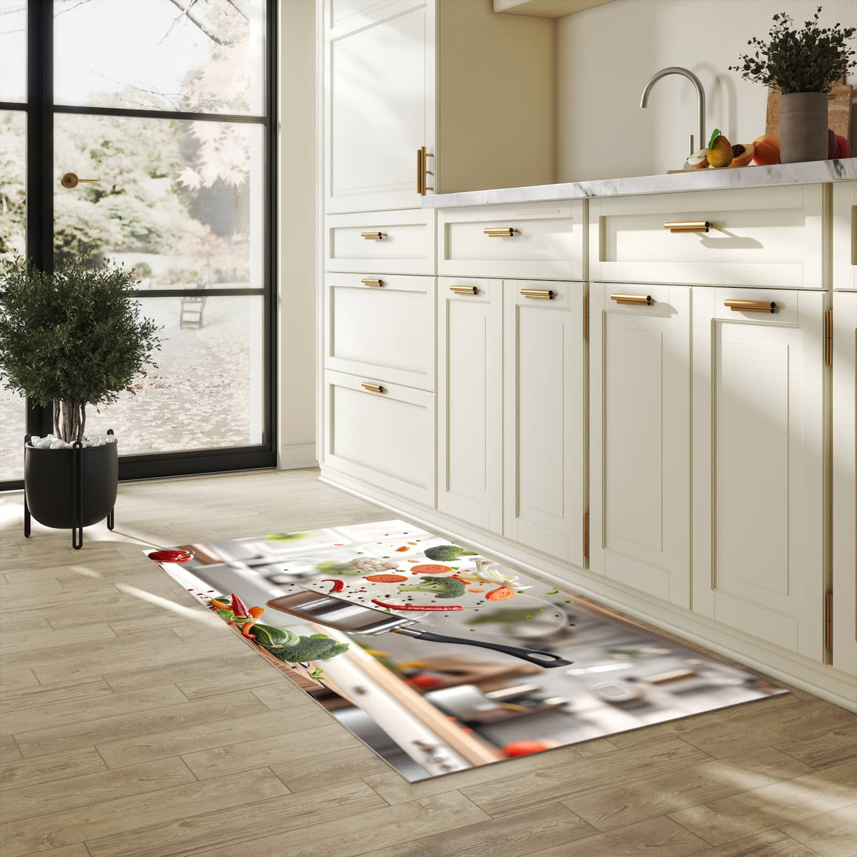 Bodenschonender Küchenteppich mit Motiv Kochen Mit Gemüse in heller Küche