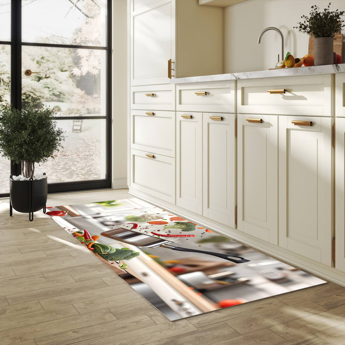Läufer für die Küche mit Motiv Kochen Mit Gemüse in heller Küche für Ordnung