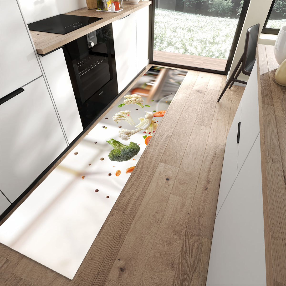 Feuchtigkeitsresistenter waschbarer Küchenläufer mit Motiv Kochen Mit Gemüse in moderner Küche
