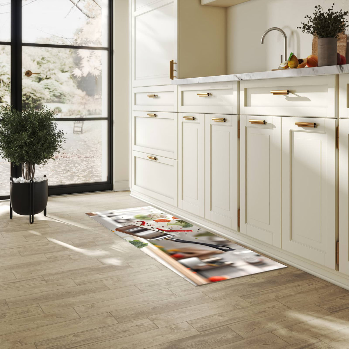 Rutschhemmender Küchenläufer mit Motiv Kochen Mit Gemüse in heller Küche