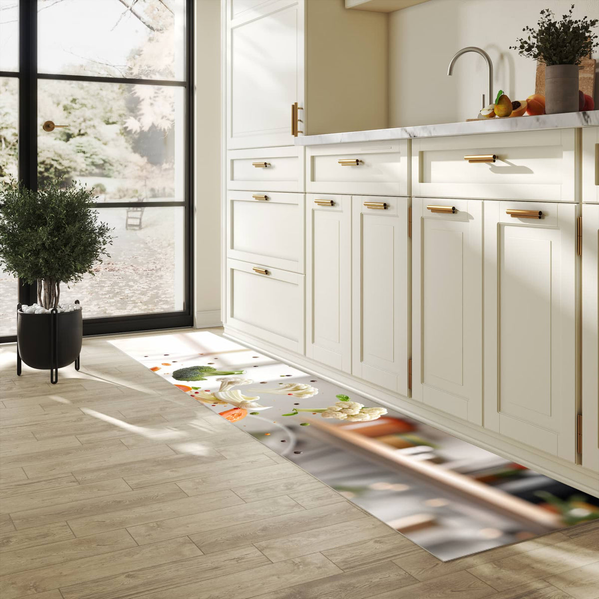 Hygienischer Küchenteppich mit Motiv Kochen Mit Gemüse in heller Küche