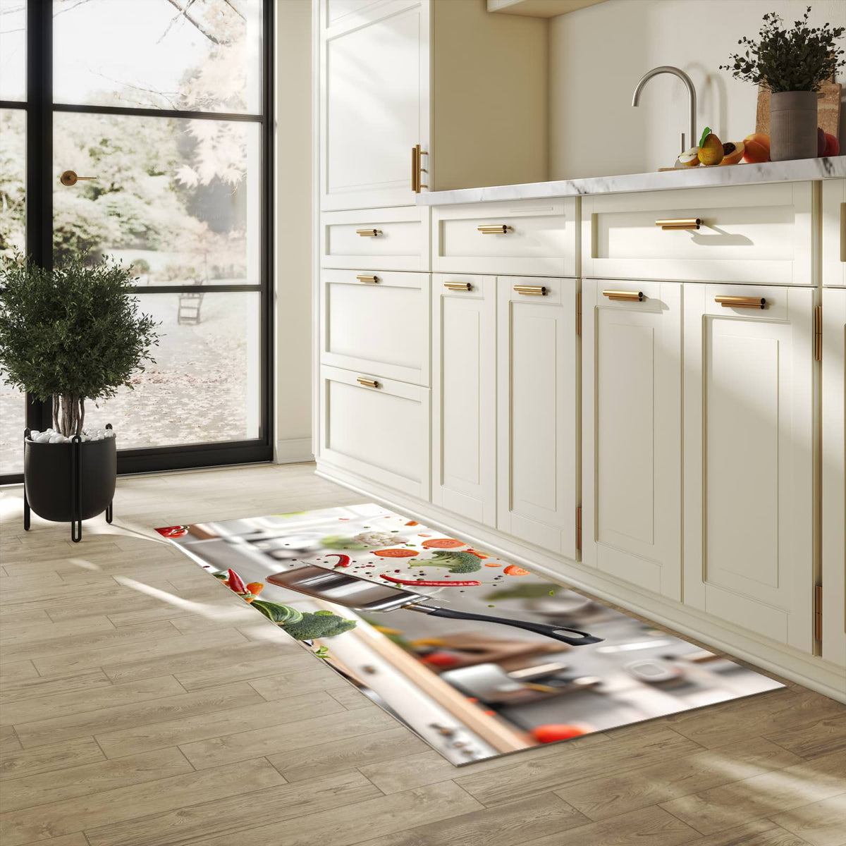 Waschbarer Küchenteppich mit Motiv Kochen Mit Gemüse in heller Küche