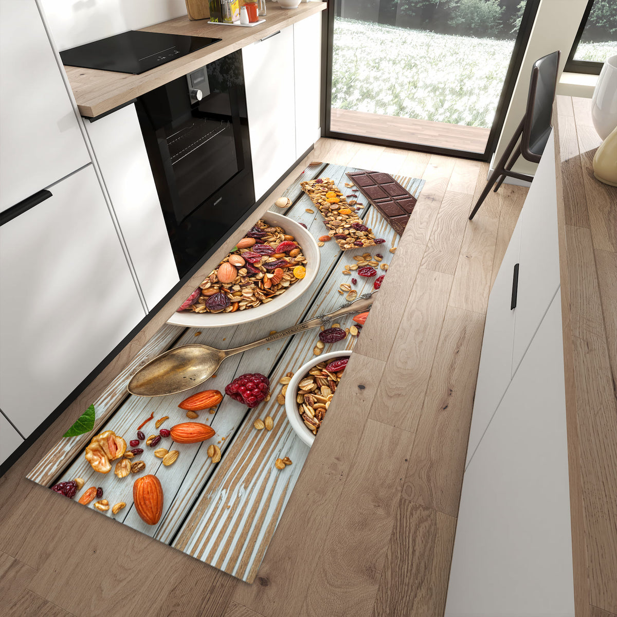 Pflegeleichter Läufer für die Küche mit Motiv Frühstück Deluxe in moderner Küche