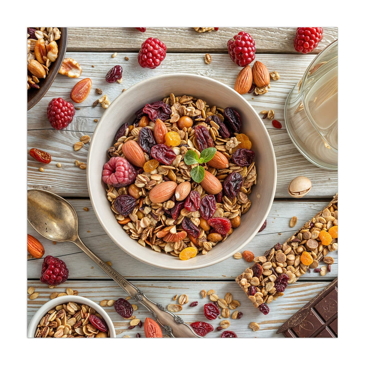 Küchenrückwand aus Glas Müsli mit Nüssen im quadratischen Format, Motiv bildfüllend von vorn #grösse_40 x 40 cm #grösse_50 x 50 cm #grösse_60 x 60 cm