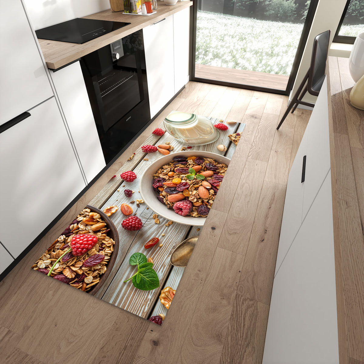 Flacher Küchenteppich mit Motiv Frühstück Deluxe in moderner Küche