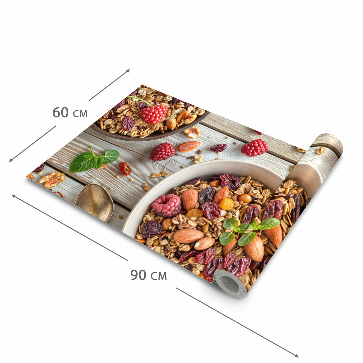 Bodenschonender waschbarer Teppich fürs Esszimmer mit Motiv Frühstück Deluxe in der Grösse 60x150 cm