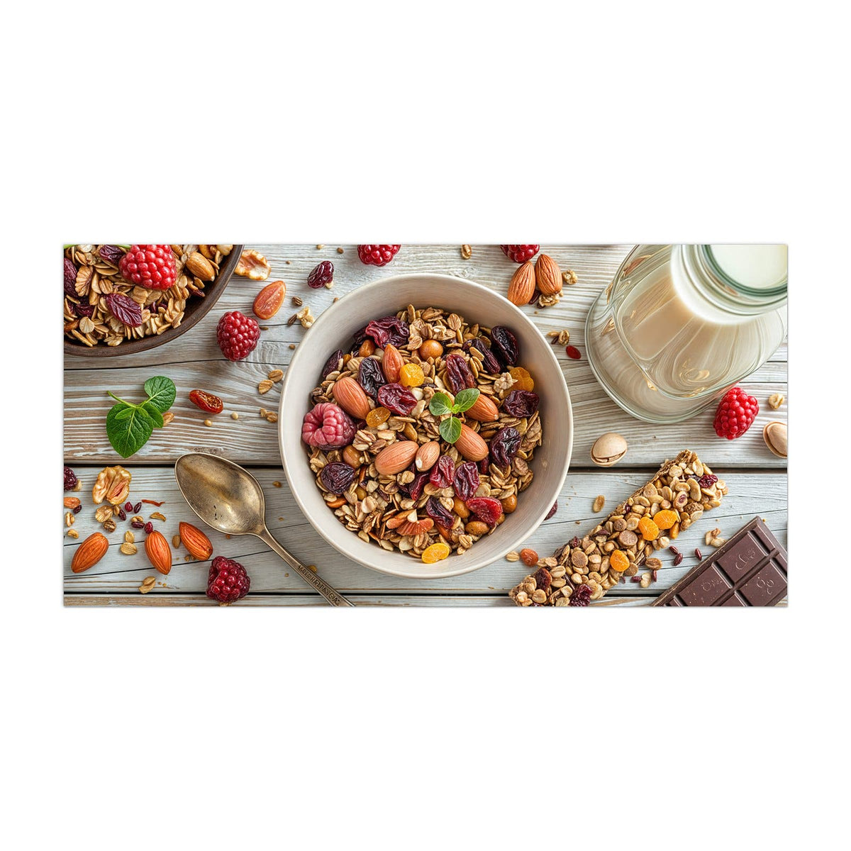 Küchenrückwand aus Glas Müsli mit Nüssen im Hochformat, Motiv bildfüllend von vorn