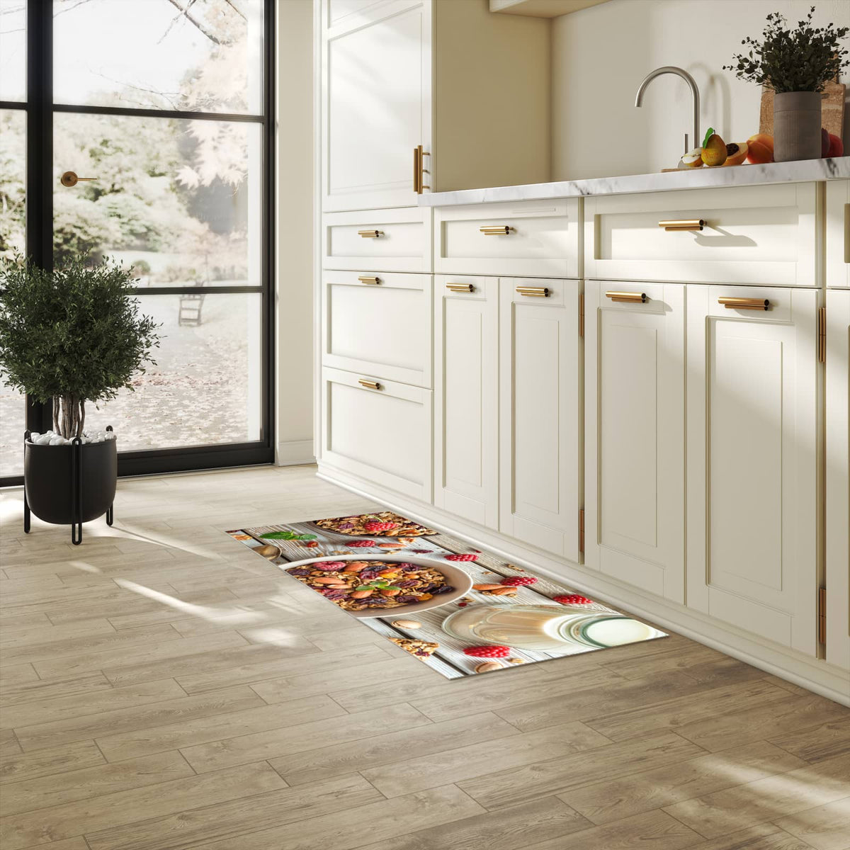 Rutschfester Küchenteppich mit Motiv Frühstück Deluxe in heller Küche für sicheren Stand