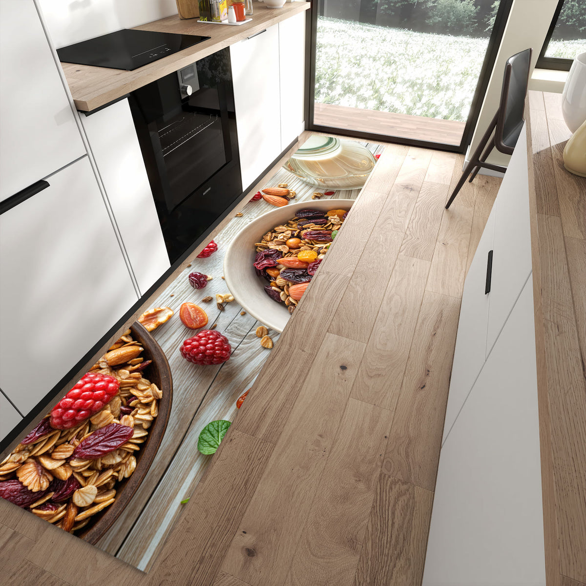 Geruchsneutraler Küchenteppich mit Motiv Frühstück Deluxe in moderner Küche