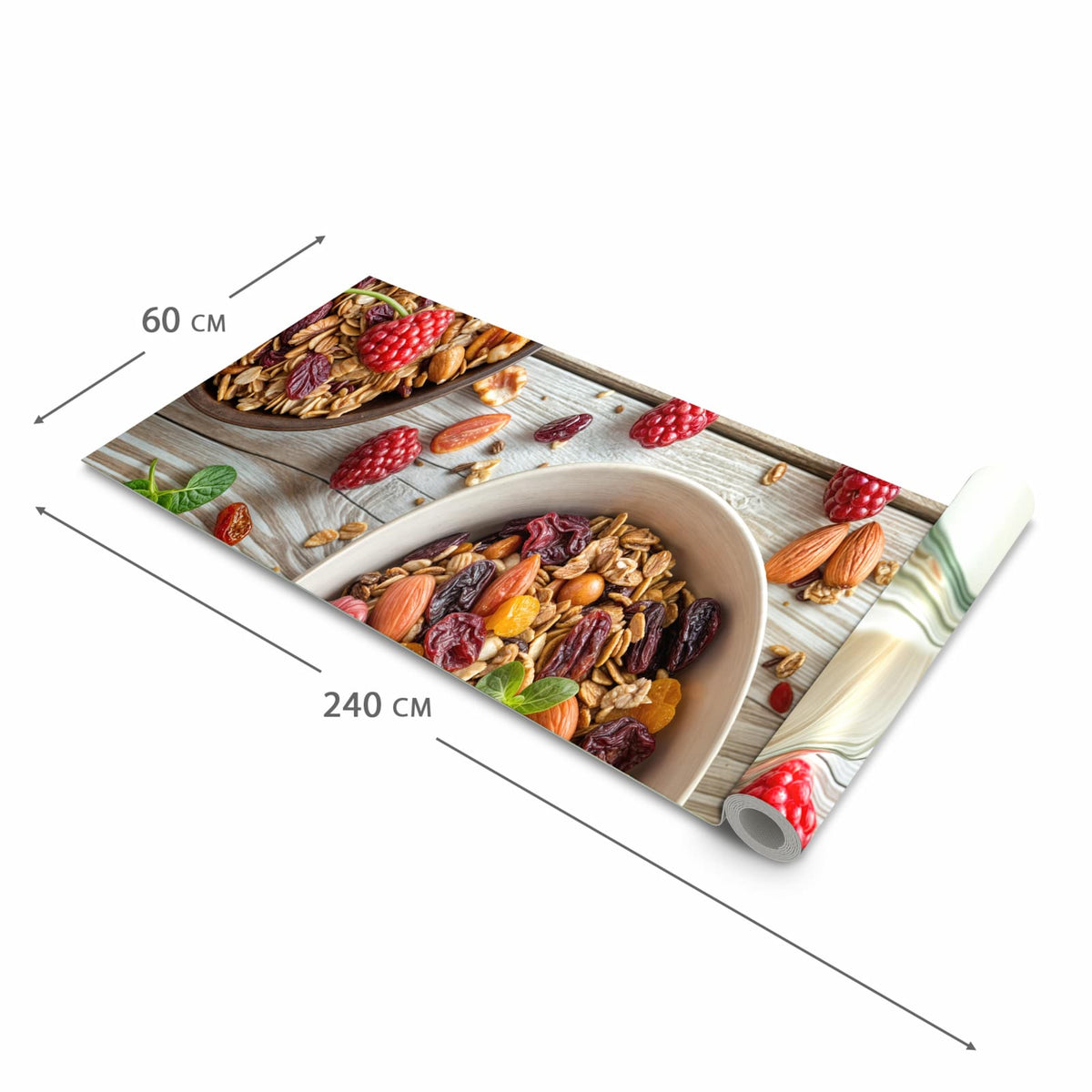 Feuchtigkeitsresistenter dünner Küchenteppich mit Motiv Frühstück Deluxe in der Grösse 60x150 cm