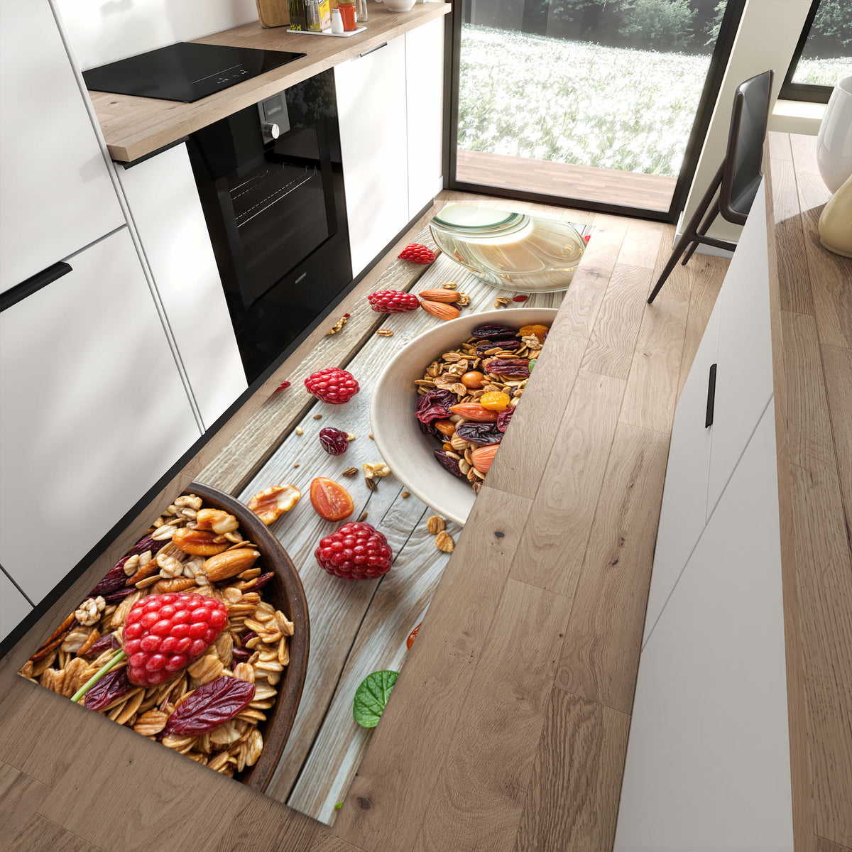 Komfortabler Küchenläufer mit Motiv Frühstück Deluxe in moderner Küche