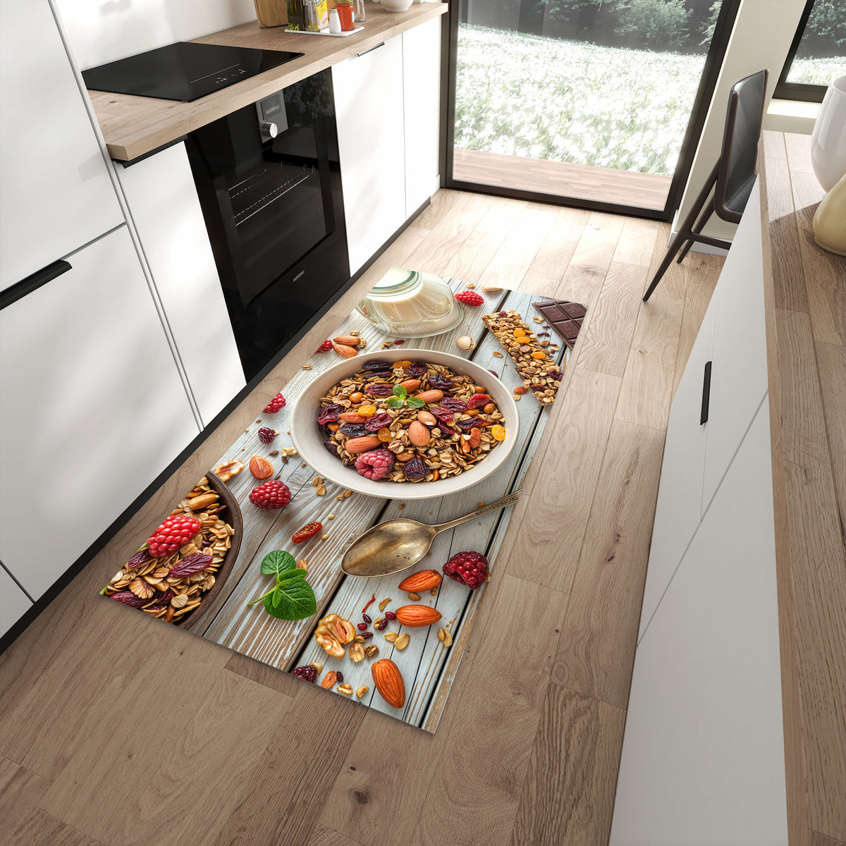 Pflegeleichter Küchenläufer mit Motiv Frühstück Deluxe in moderner Küche