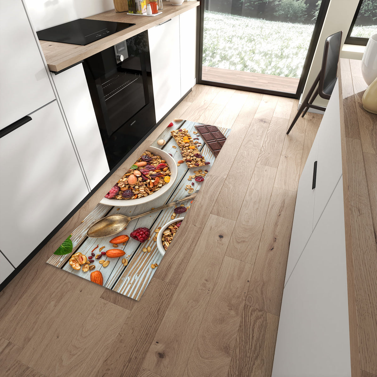 Wasserabweisender Teppich für Küche mit Motiv Frühstück Deluxe in moderner Küche