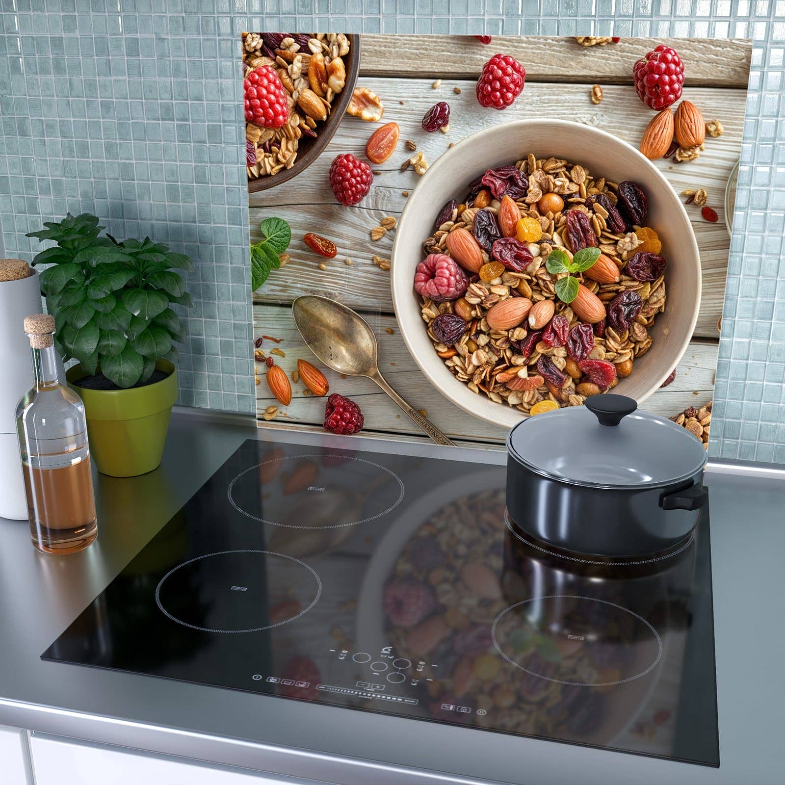 1-teilige Herdabdeckplatten für Ceranfeld mit Luxuriöses Frühstück-Motiv als Spritzschutz hinter dem Kochfeld