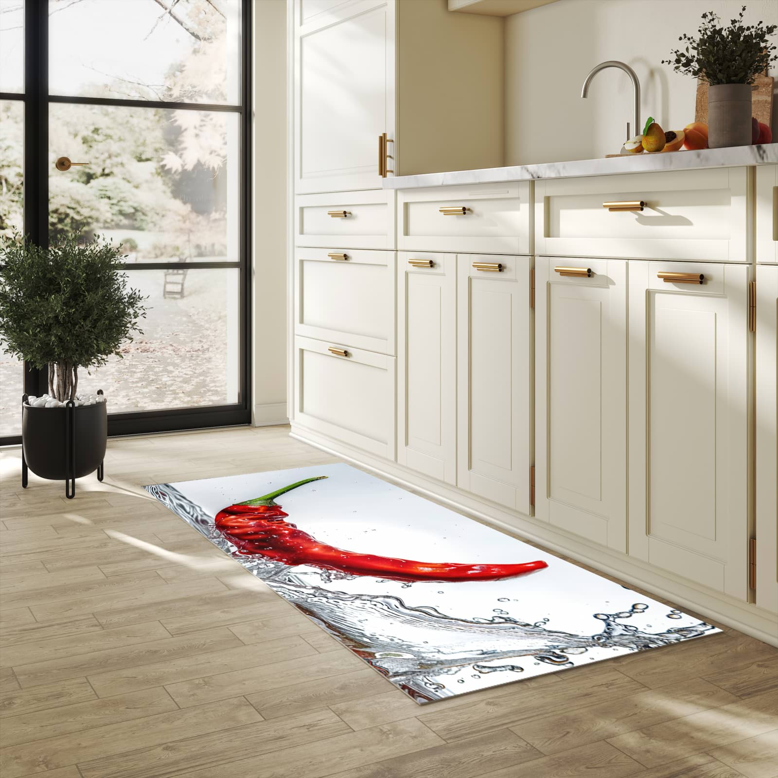 Rutschfester Küchenteppich mit Motiv Chiliim Wasser in heller Küche