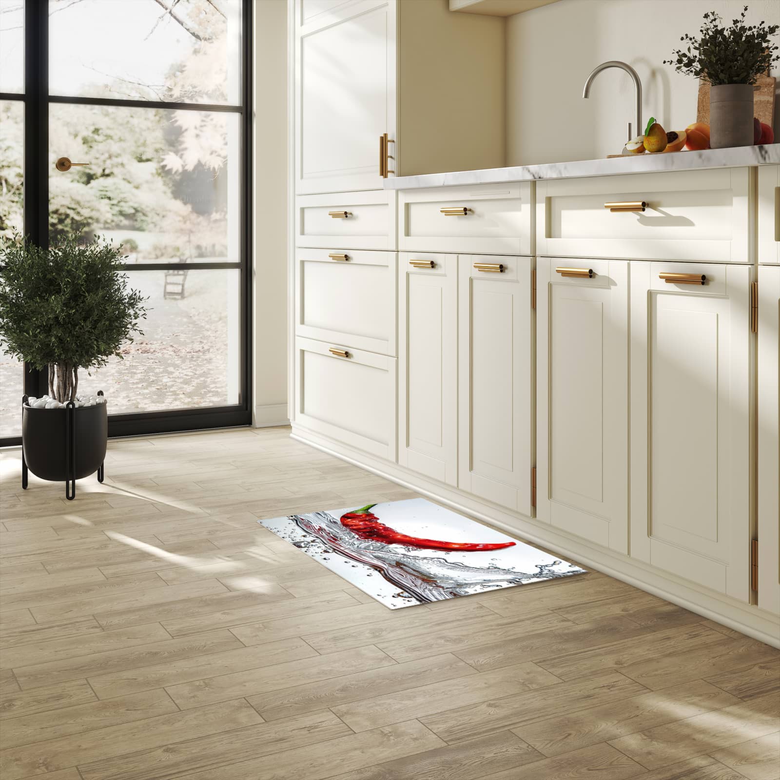 Langlebiger Küchenteppich mit Motiv Chiliim Wasser in heller Küche