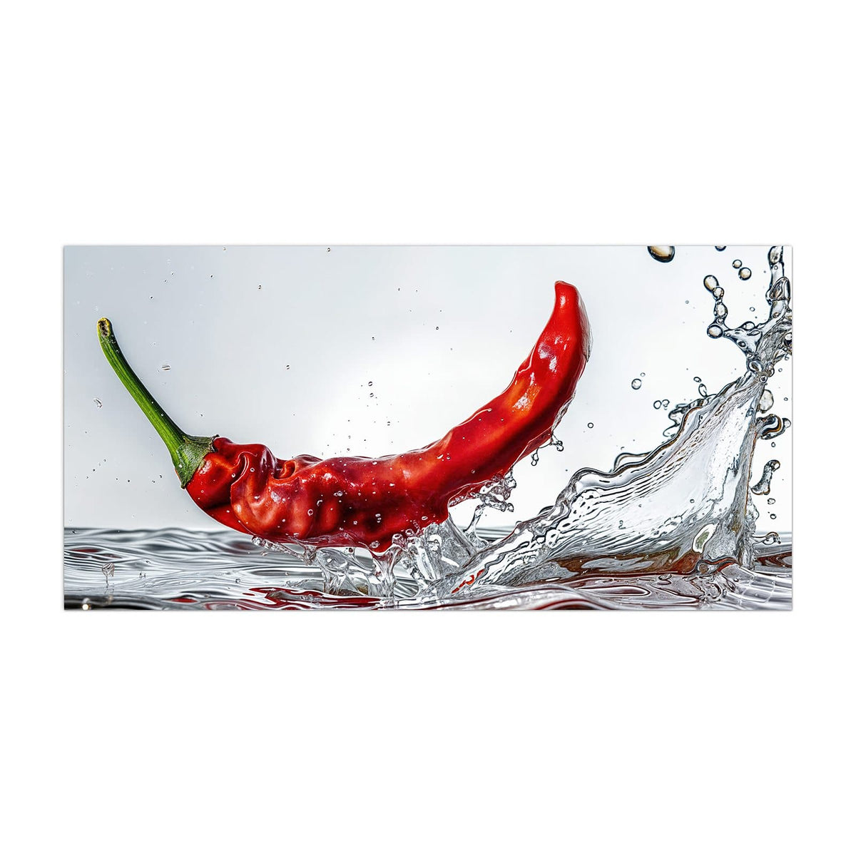 Küchenrückwand aus Glas Chilischote im Spritzer im Hochformat, Motiv bildfüllend von vorn