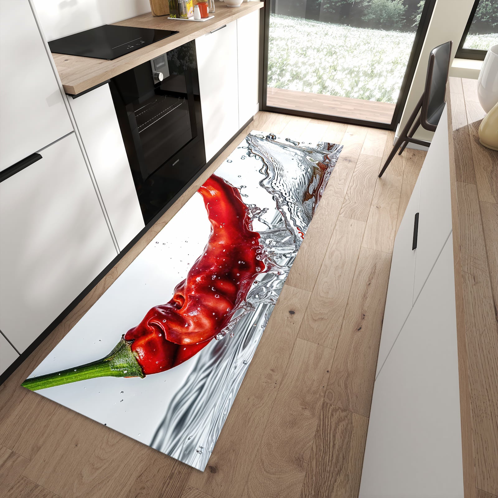 Formstabiler Küchenläufer nach Maß mit Motiv Chiliim Wasser in moderner Küche