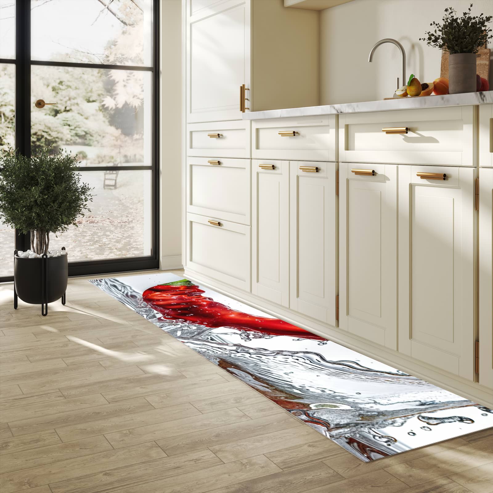 Waschbarer Bodenläufer Teppich mit Motiv Chiliim Wasser in heller Küche