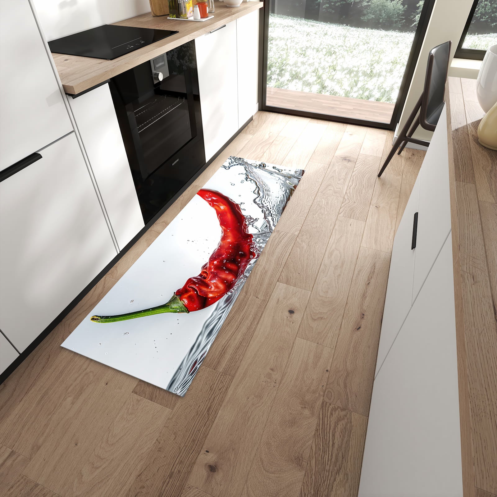 Rutschfester Küchenläufer mit Motiv Chiliim Wasser in moderner Küche