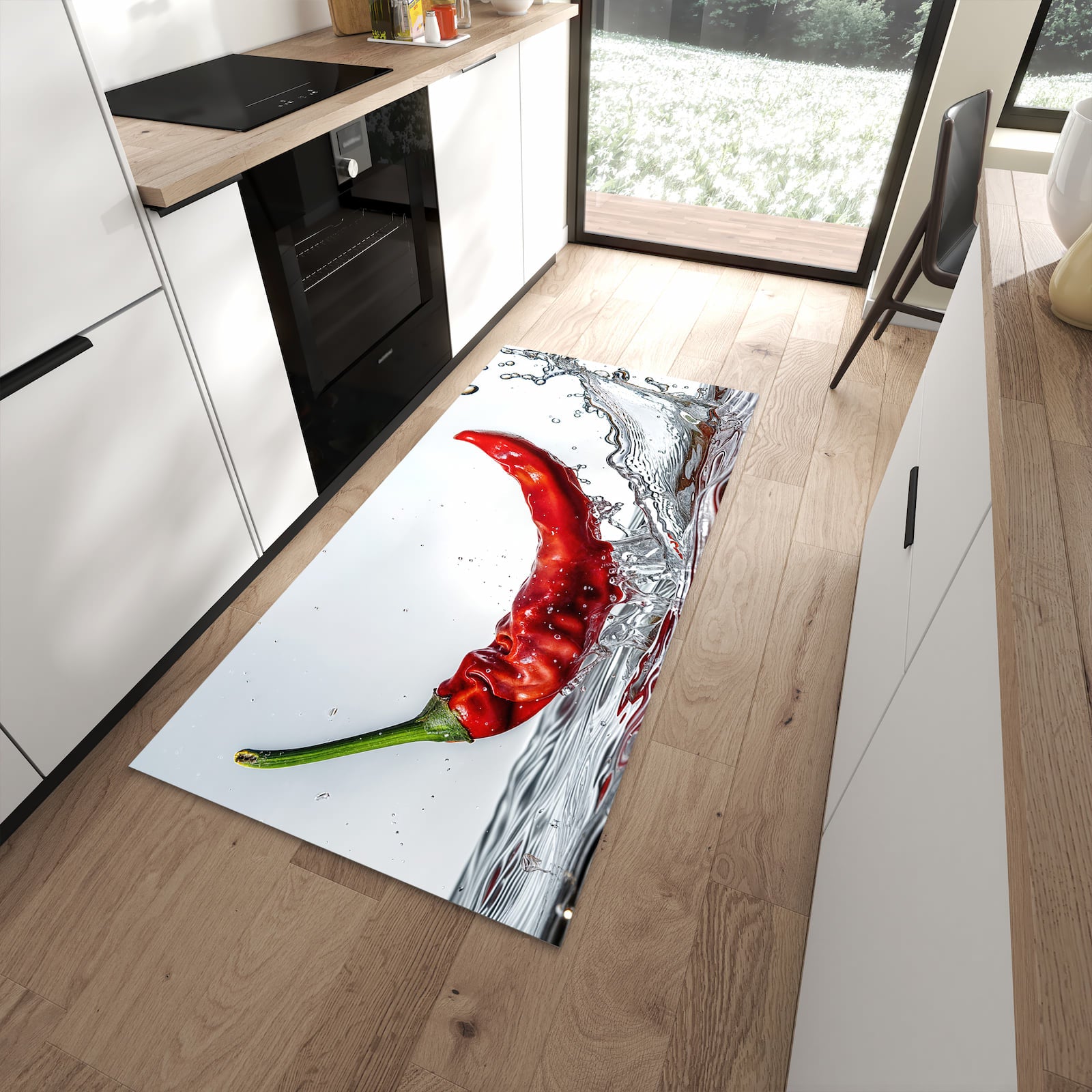 Geräuschdämpfender abwaschbarer Küchenläufer mit Motiv Chiliim Wasser in moderner Küche