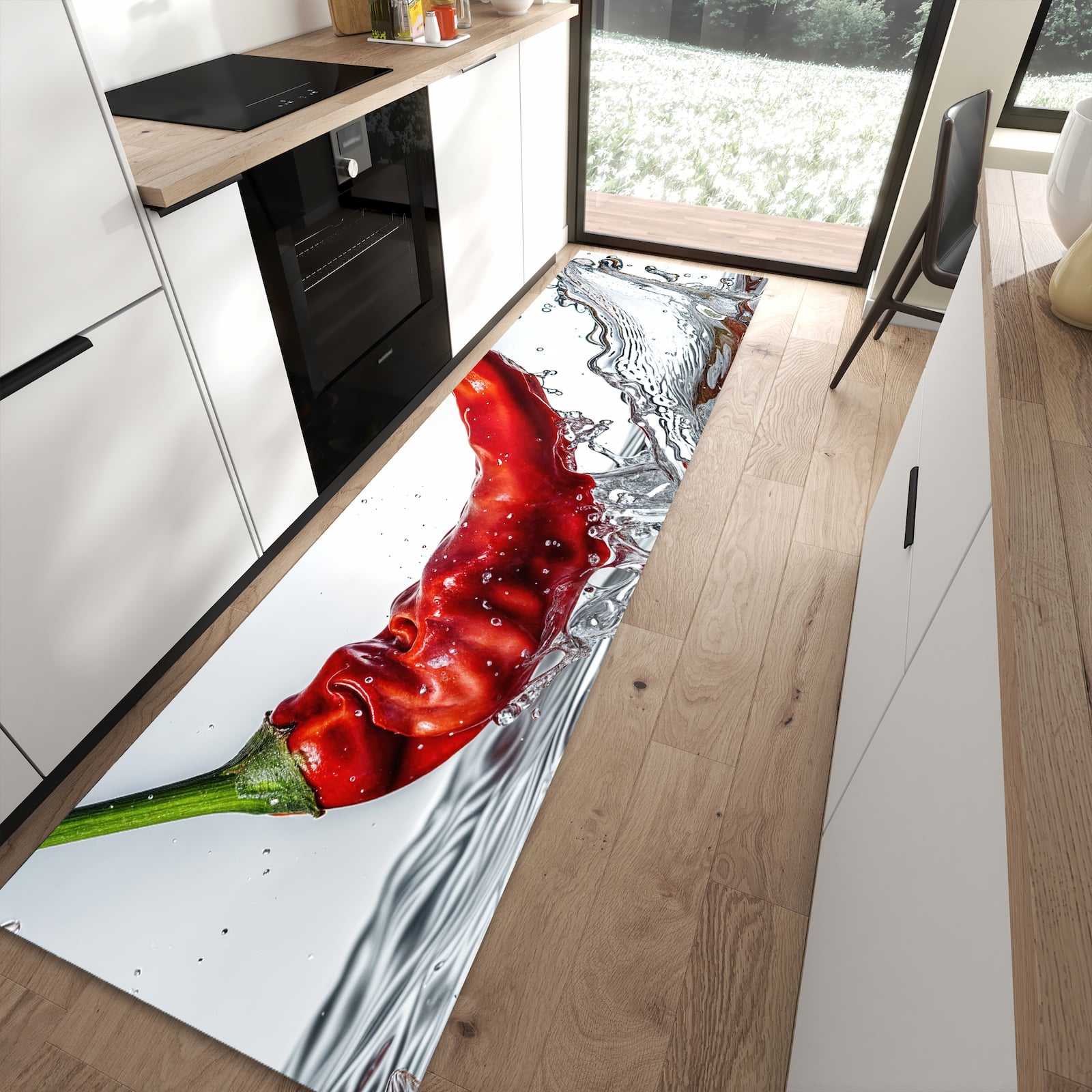 Zeitsparender moderner Küchenläufer mit Motiv Chiliim Wasser in moderner Küche