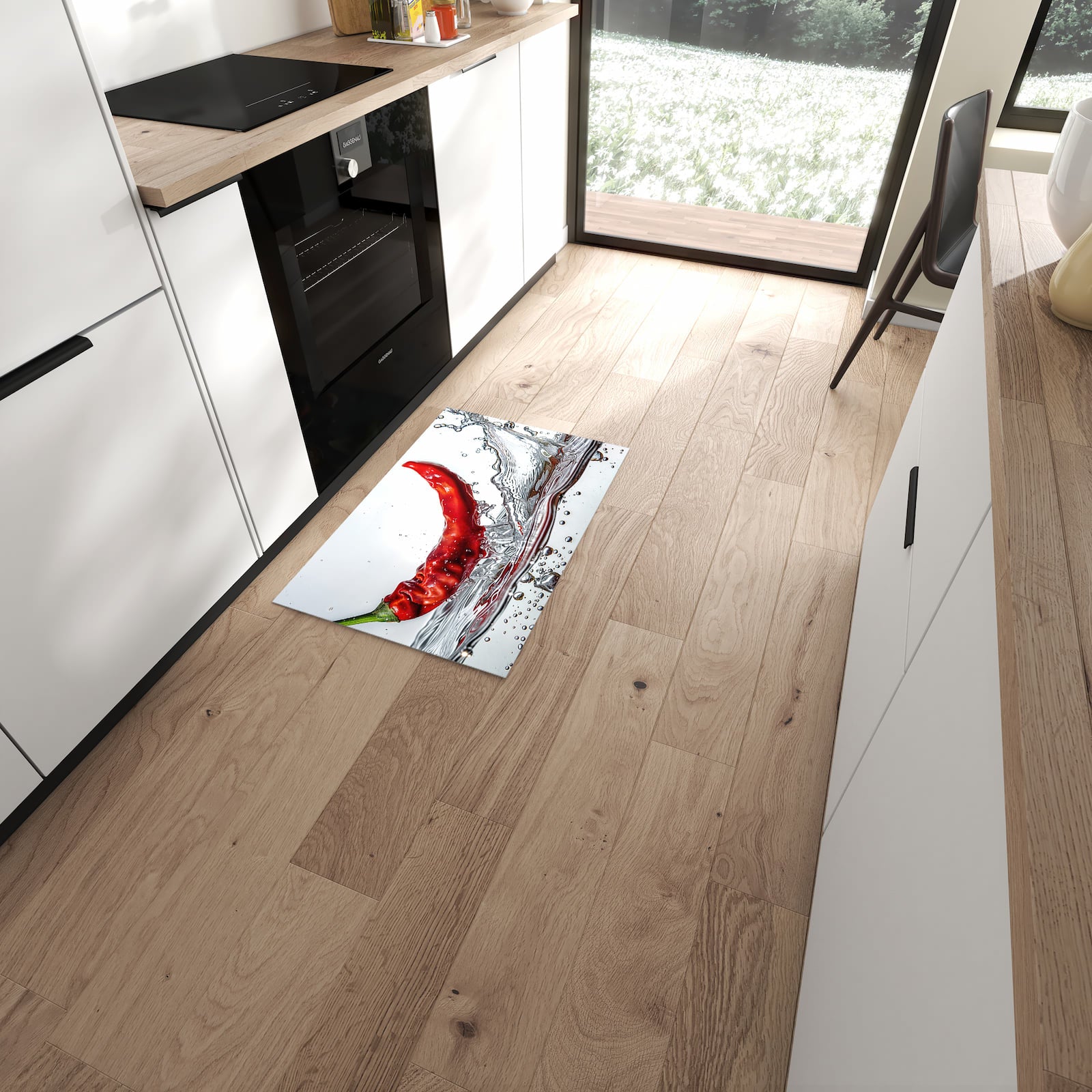 Bodenschonender rutschfester Küchenläufer mit Motiv Chiliim Wasser in moderner Küche