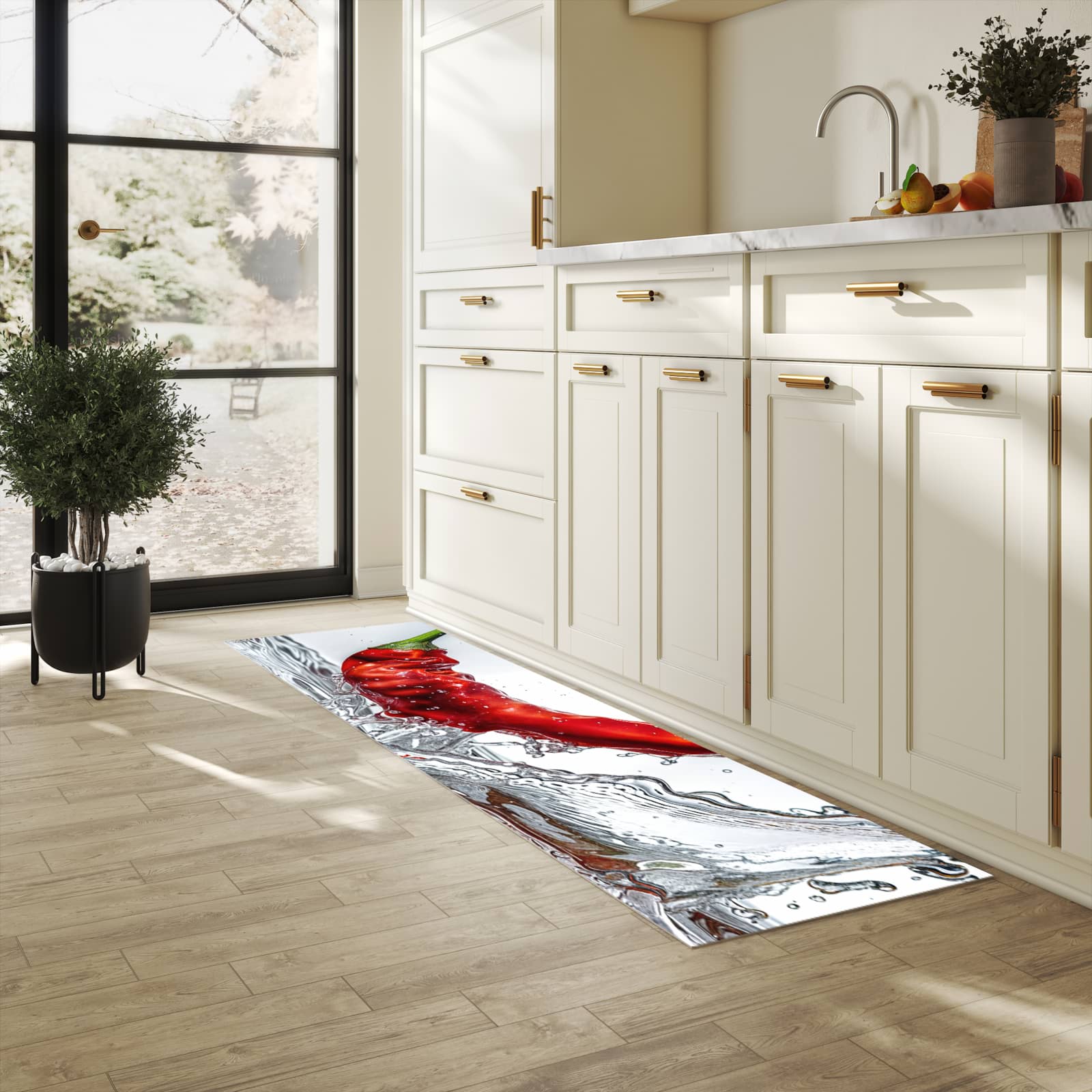 Hygienischer rutschfester Küchenteppich mit Motiv Chiliim Wasser in heller Küche