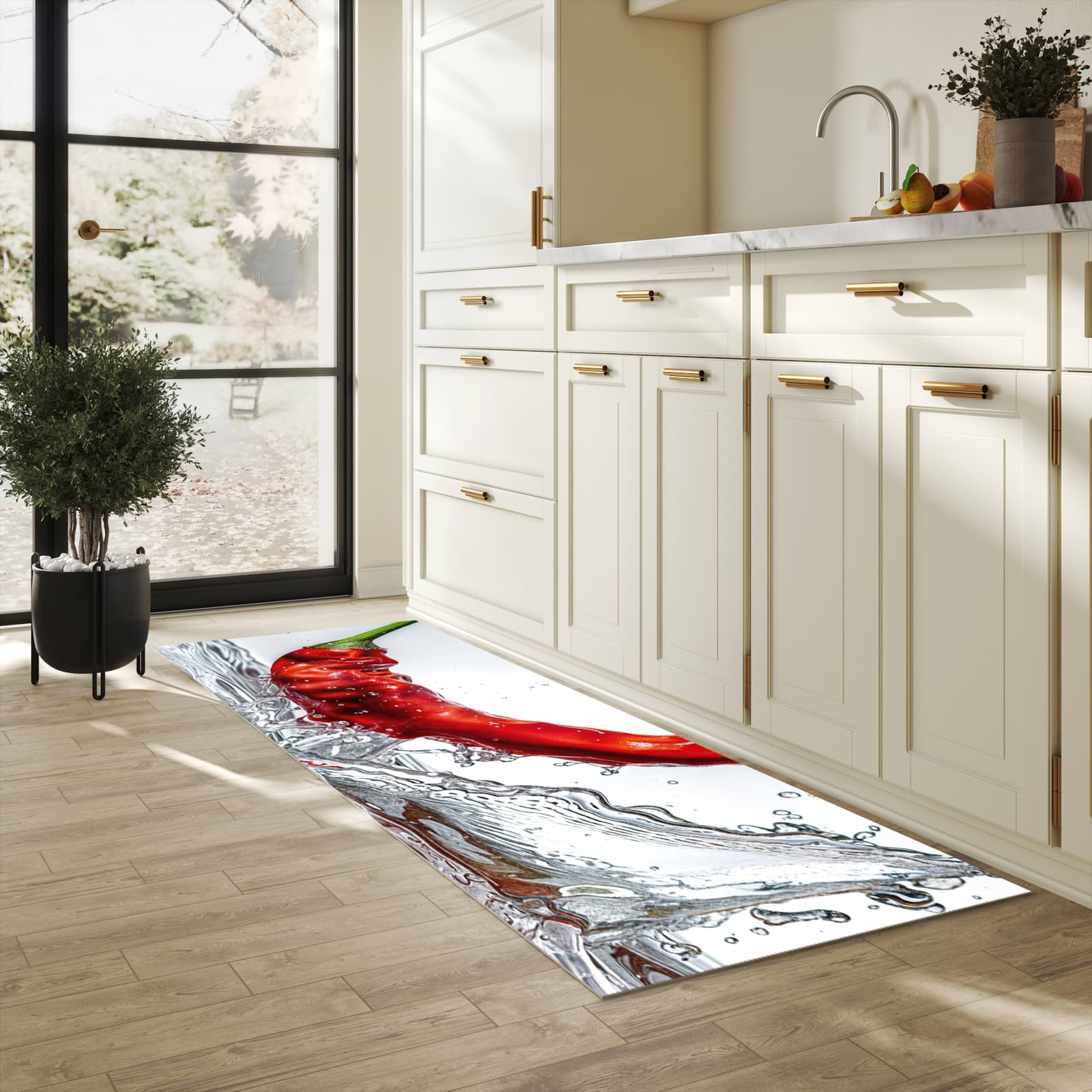 Feuchtigkeitsresistenter Küchenteppich mit Motiv Chiliim Wasser in heller Küche