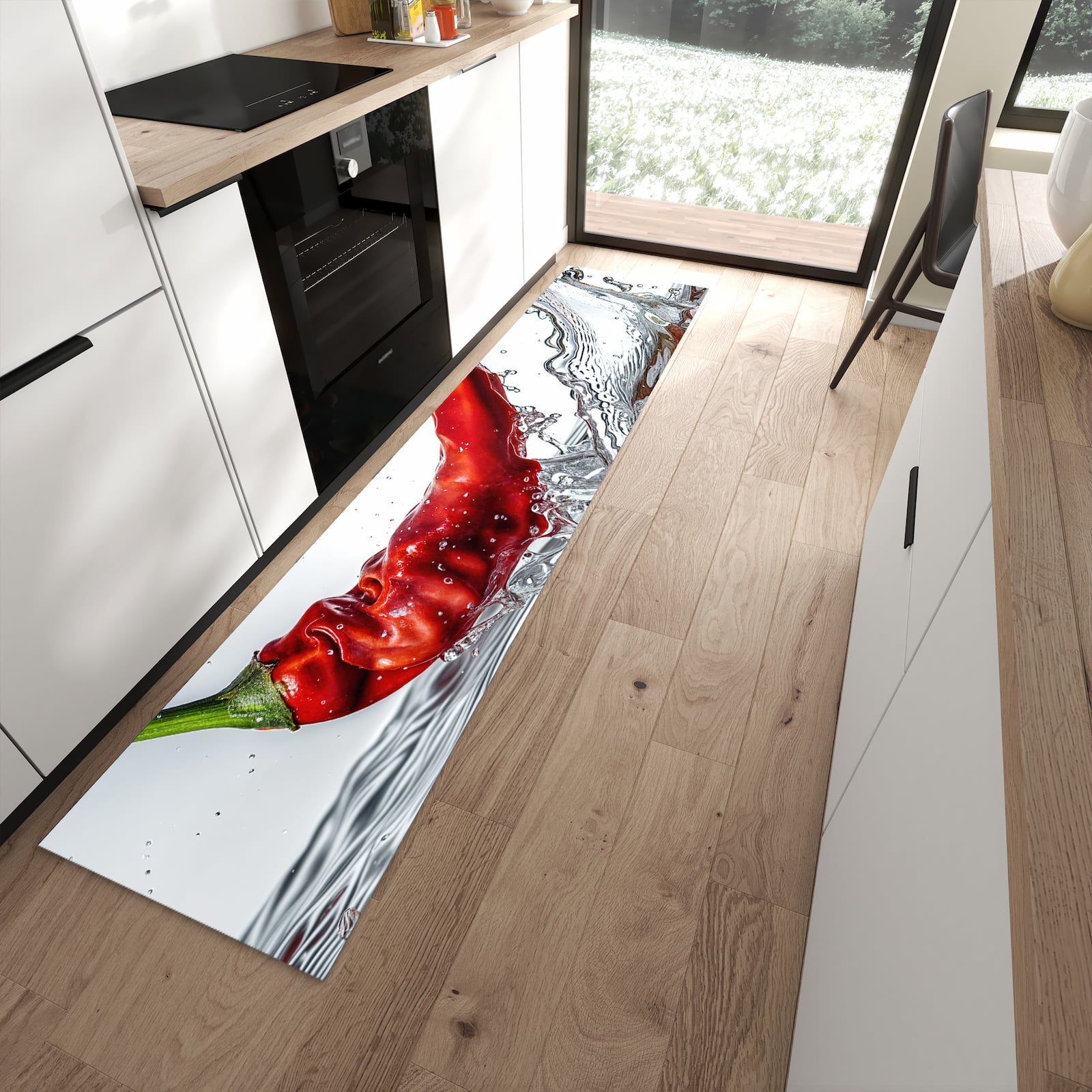 Bodenschonender rutschfester Küchenläufer mit Motiv Chiliim Wasser in moderner Küche