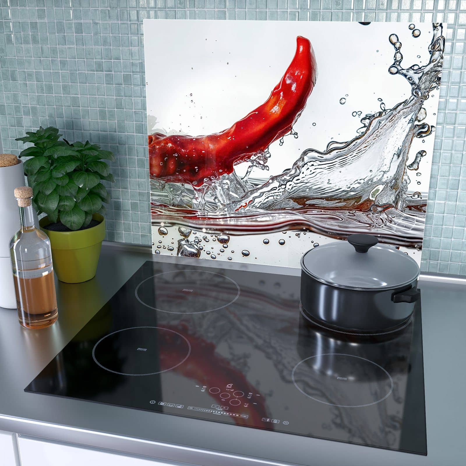 1-teilige Abdeckplatten für Herd mit Chili im Wasser-Motiv als Spritzschutz hinter dem Kochfeld