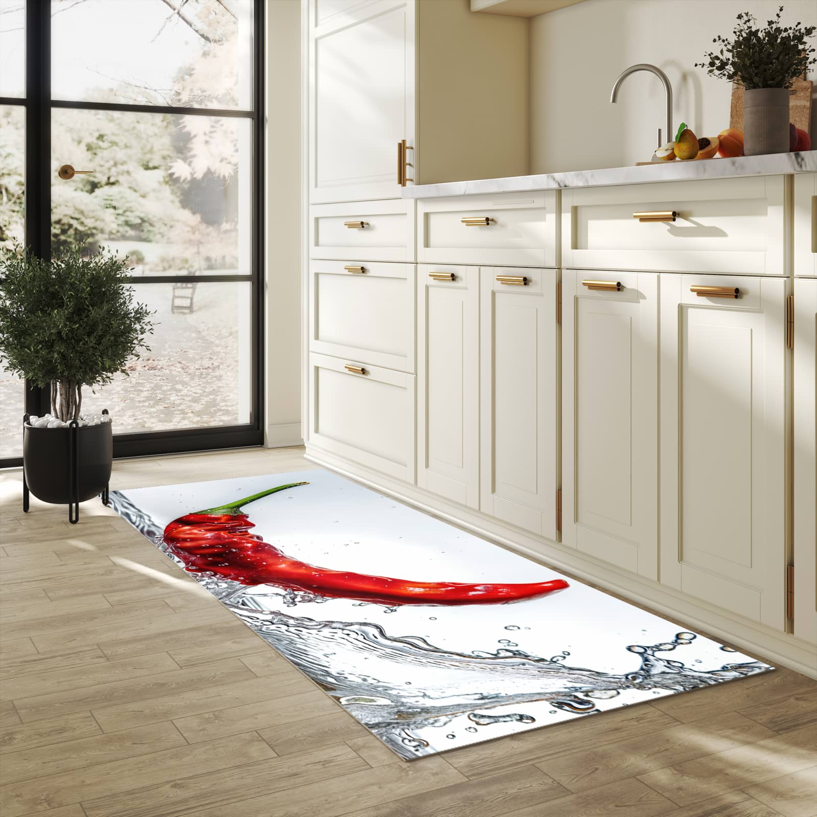 Farbbeständiger waschbarer Küchenteppich mit Motiv Chiliim Wasser in heller Küche