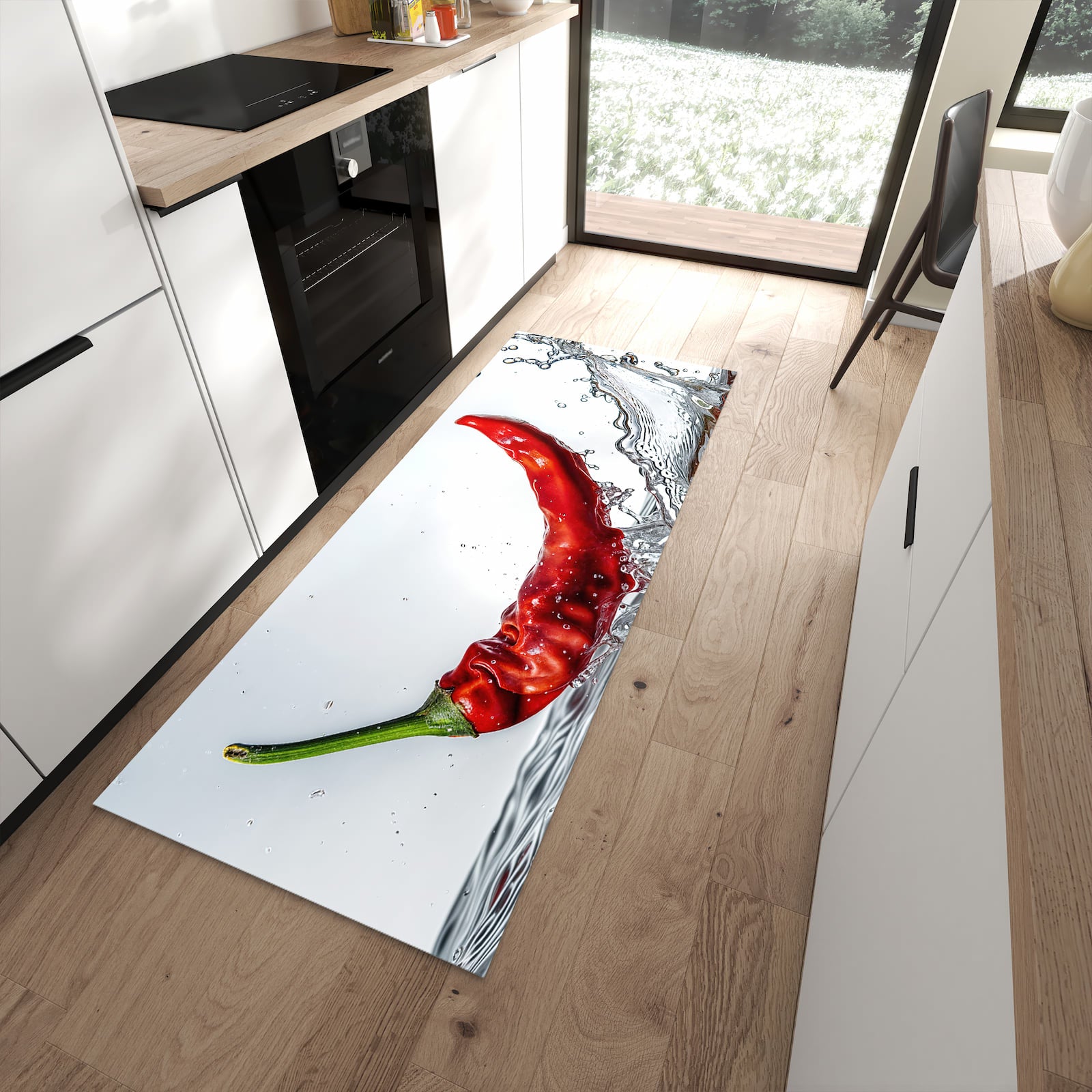 Farbbeständiger Küchenläufer mit Motiv Chiliim Wasser in moderner Küche